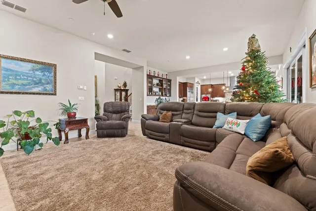 a living room with furniture and a potted plant