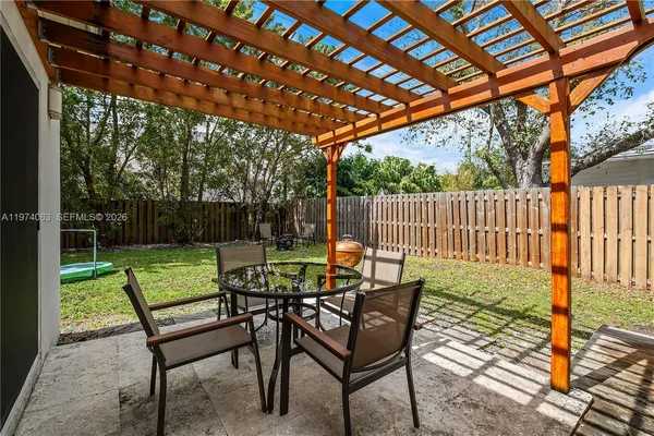 a backyard of a house with table and chairs