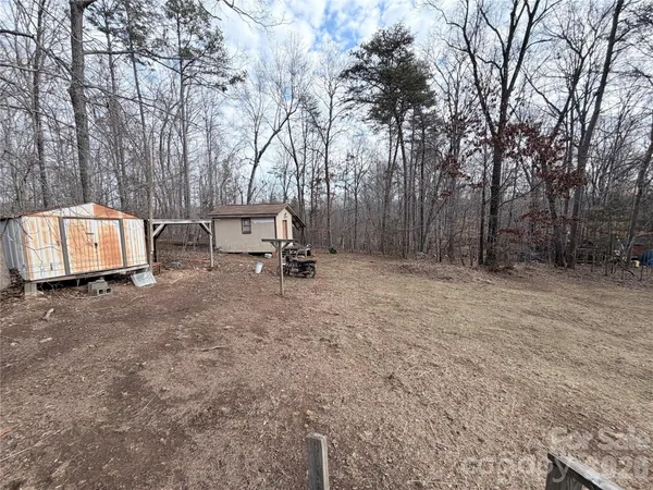 a view of backyard with large trees