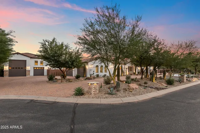 a view of a house with a yard and potted plants