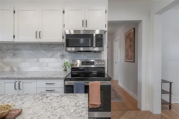 a view of a dining room with furniture
