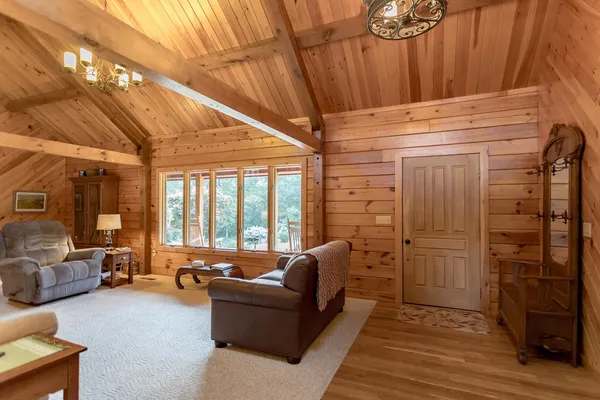a view of a dining room with furniture