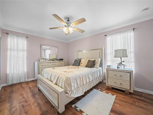 an aerial view of a house with outdoor space