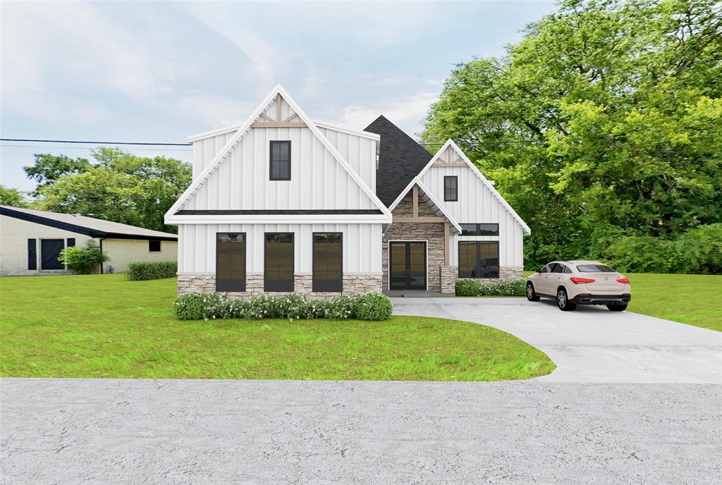 902 Aluminum Plant Road Rockwall, TX 75087 - Photo 2 of 4 Modern farmhouse exterior featuring white board and batten siding, stone accents, a dark shingle roof, dark-framed windows, and a concrete driveway
