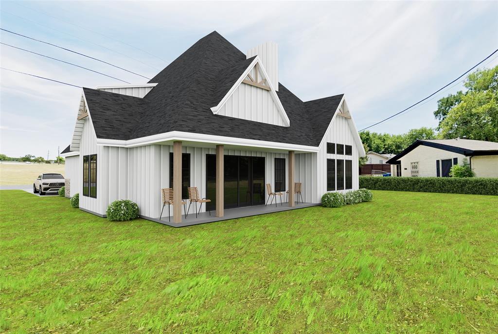 902 Aluminum Plant Road Rockwall, TX 75087 - Photo 3 of 4 Contemporary farmhouse exterior featuring white board and batten siding, a dark shingle roof, a covered porch with natural wood columns, and large black-framed windows