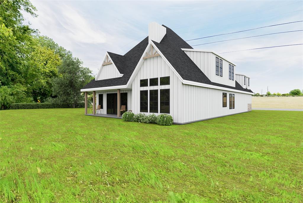 902 Aluminum Plant Road Rockwall, TX 75087 - Photo 4 of 4 Modern farmhouse exterior featuring white board and batten siding, a dark pitched roof, and a covered porch with natural wood columns