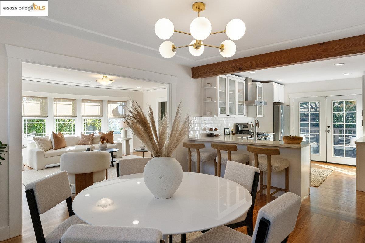 3056 California Street Oakland, CA 94602 - Photo 12 of 44 Dining space featuring wood finished floors, healthy amount of natural light, french doors, recessed lighting, and a chandelier