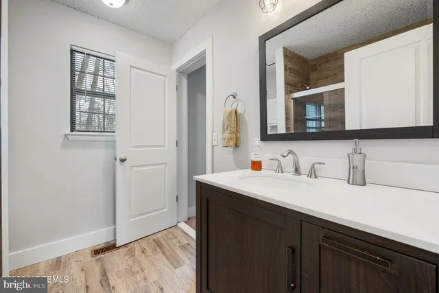 a bathroom with a sink vanity and a mirror