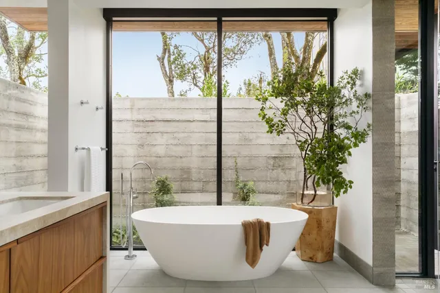a balcony with furniture and a potted plant