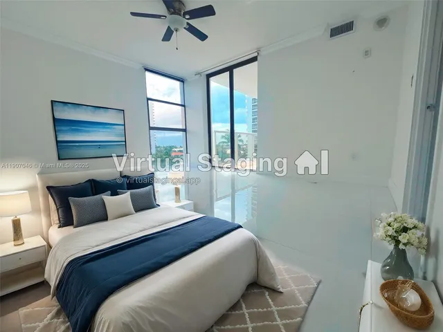 a bedroom with a bed and a potted plant