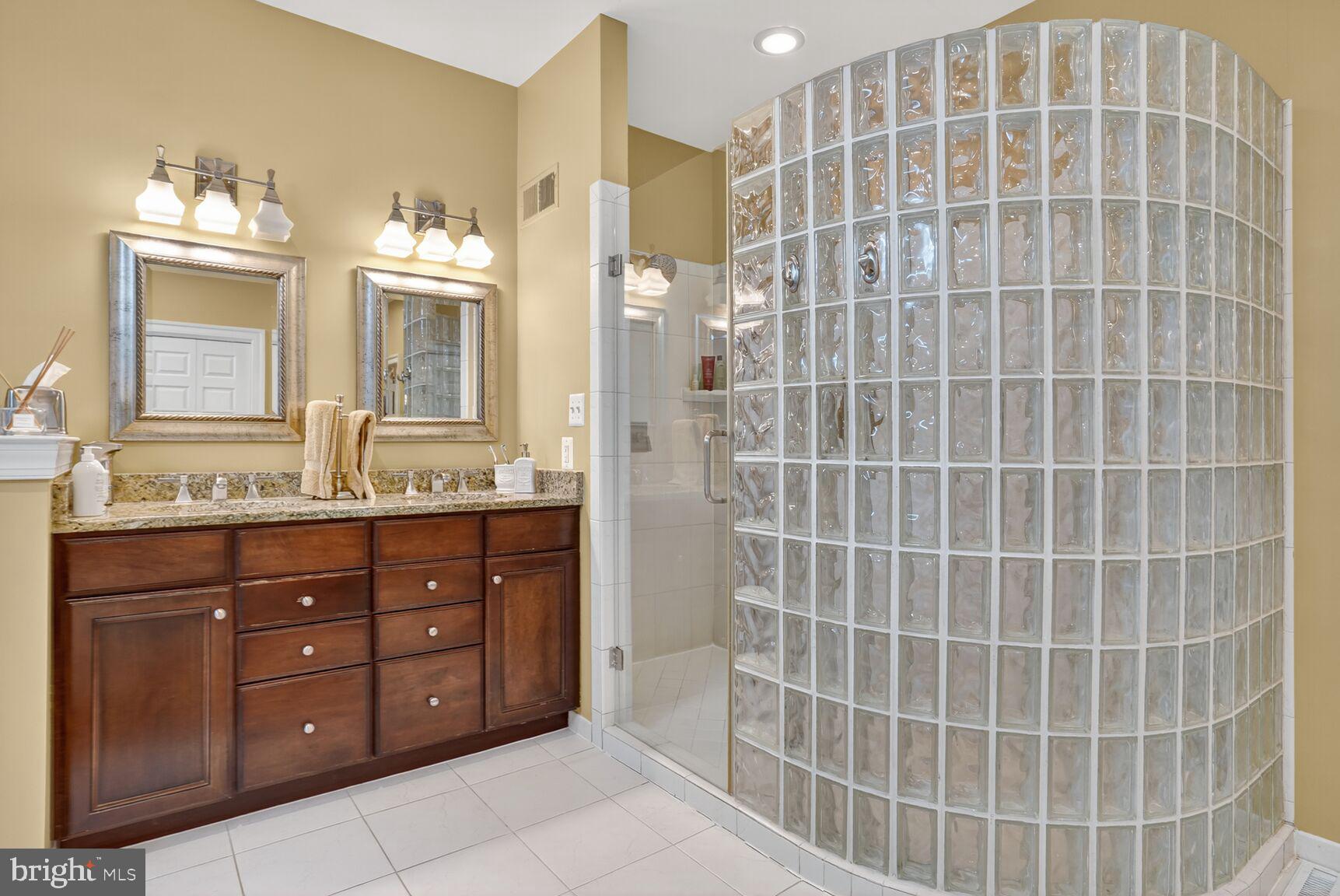 6705 Cedar View Court Clifton, VA 20124 - Photo 35 of 72 a bathroom with a granite countertop sink a mirror and a shower