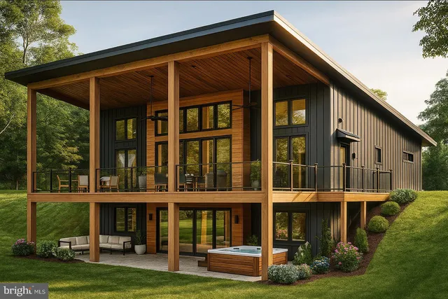 front view of a brick house with a yard