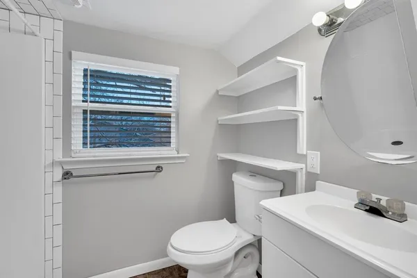 a bathroom with a toilet a sink and mirror