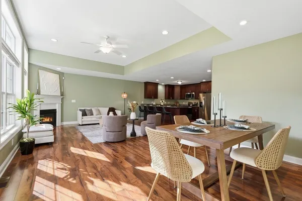 a view of a dining room with furniture