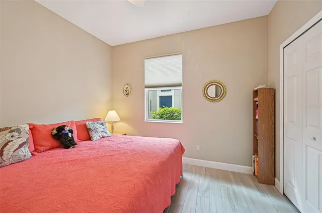 a view of a park with large trees