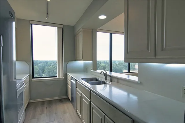 a kitchen with granite countertop a sink a counter top space cabinets and stainless steel appliances