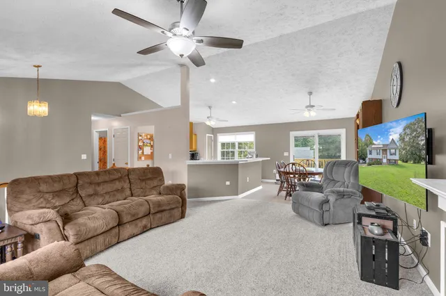 a living room with furniture fireplace and a window