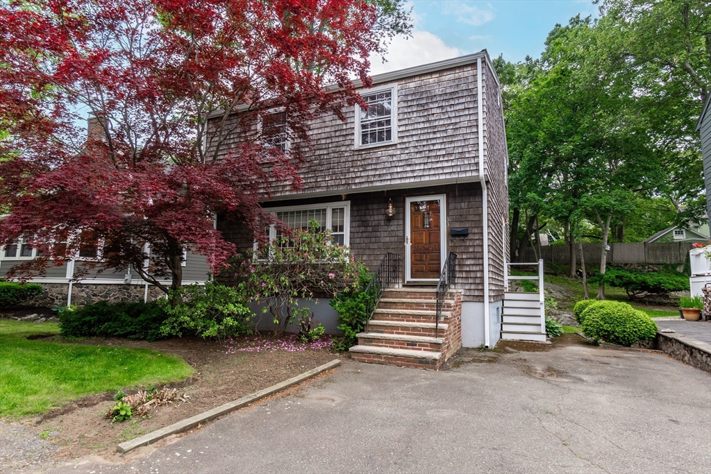 a view of a house with a yard plants and large tree