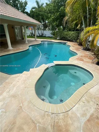a view of a swimming pool with a yard