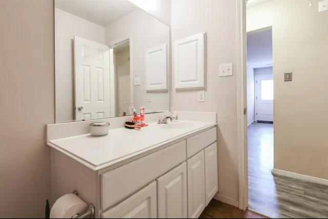 a bathroom with a sink and a mirror