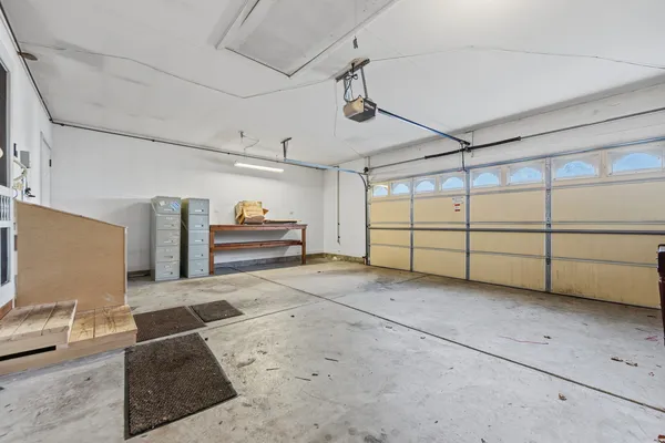 an empty room with a bathroom