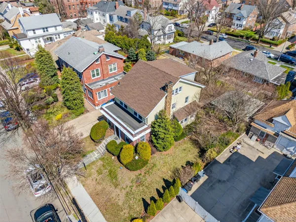 an aerial view of a swimming pool