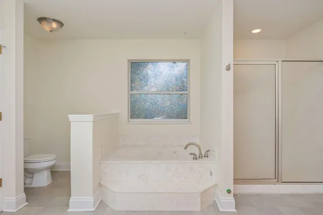 a bathroom with a bathtub and a toilet