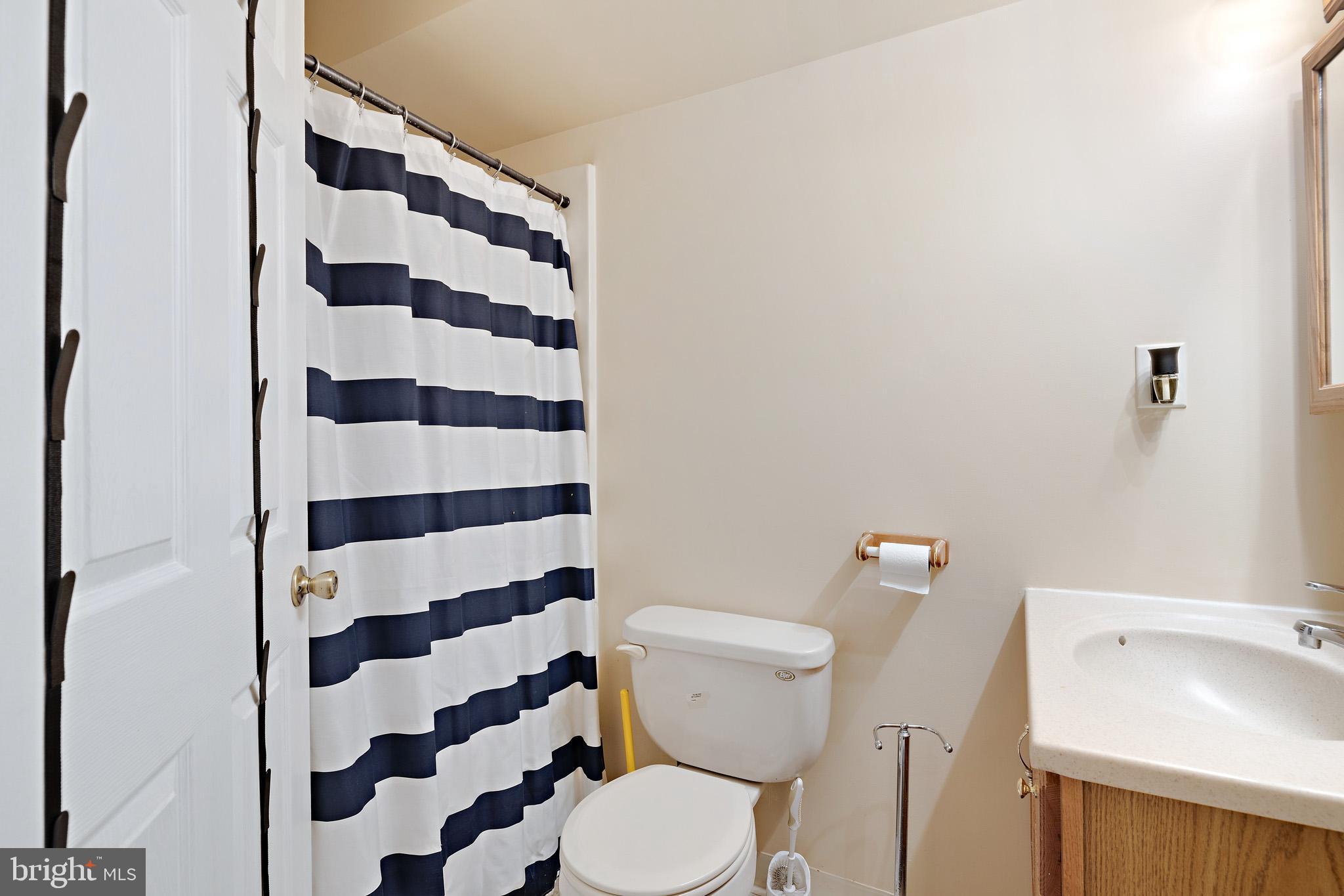 8008 Carlean Court Pasadena, MD 21122 - Photo 30 of 35 a white toilet sitting next to a shower curtain