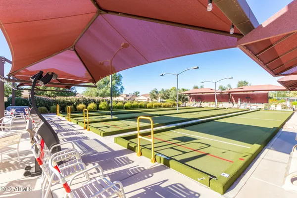 a view of a swimming pool with a lawn chairs under palm trees