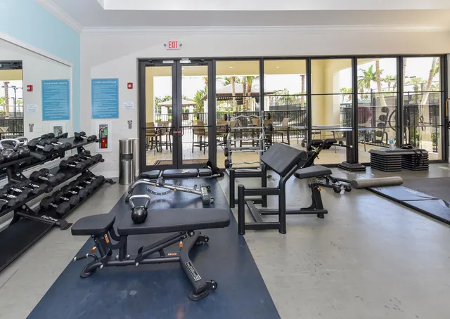 a view of a patio with table and chairs under an umbrella with palm trees