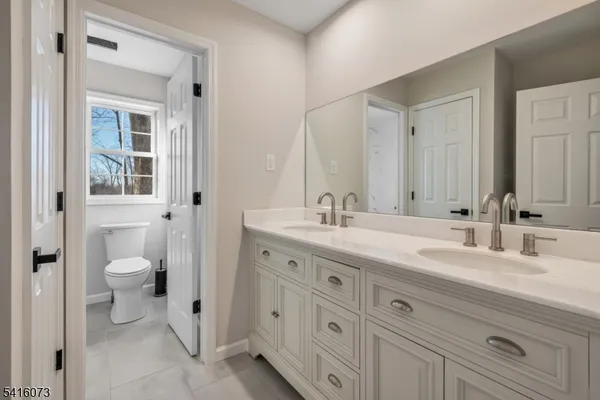 a bathroom with a double vanity sink a mirror and a toilet