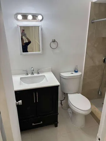 a bathroom with a sink vanity mirror and toilet