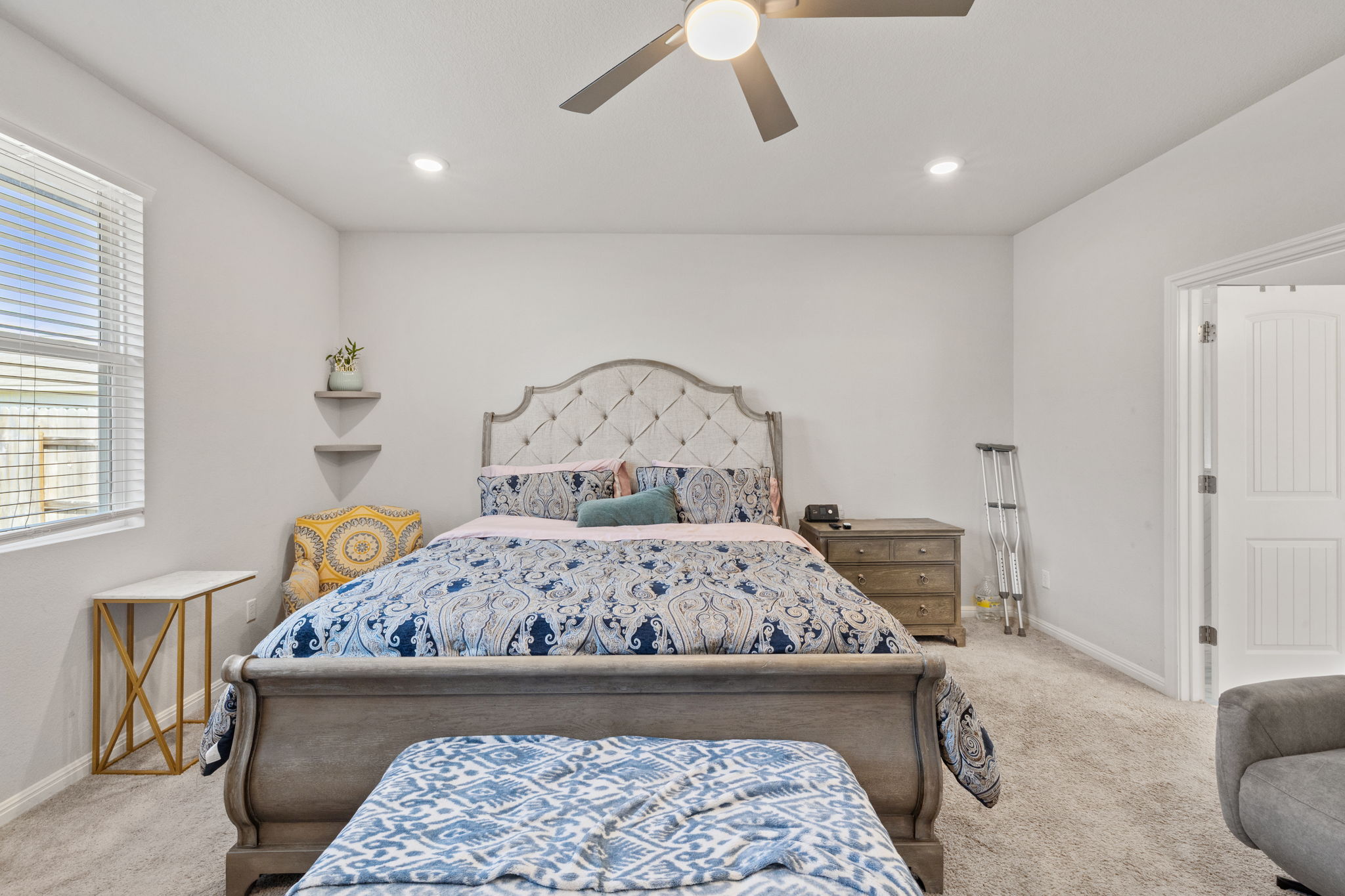 4009 Milano River Road Hutto, TX 78634 - Photo 17 of 39 Bedroom featuring carpet floors, ceiling fan, and recessed lighting