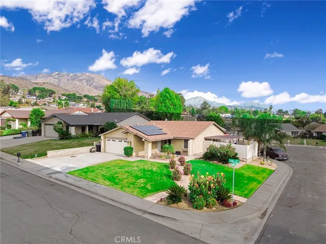 a aerial view of a house with a yard and potted plants