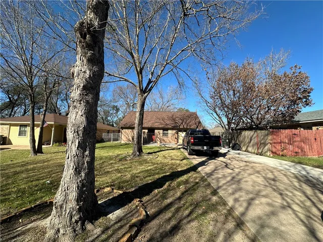 a view of a yard with large trees