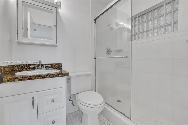 a bathroom with a sink toilet vanity and shower