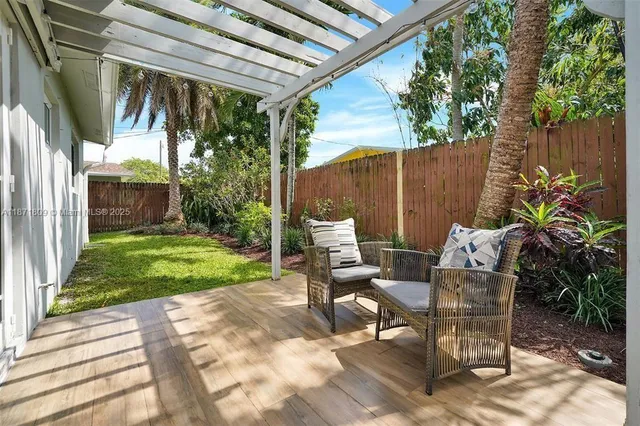 a view of backyard with outdoor seating and green space