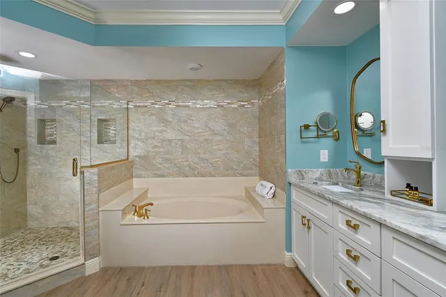 a bathroom with a granite countertop bathtub shower sink and mirror