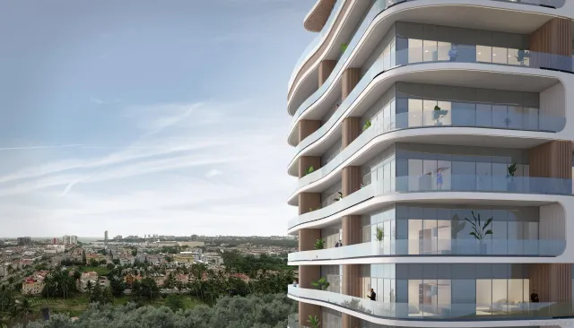 a front view of a multi story building