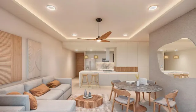 a living room with furniture a dining table and a chandelier