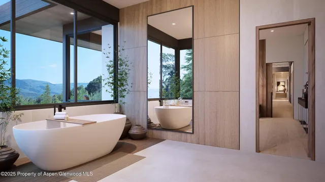 a large bathroom with a bathtub and windows