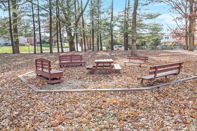 a park view with a bench and trees