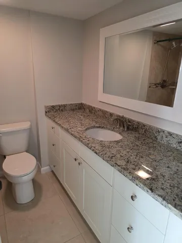 a bathroom with a granite countertop sink and a toilet