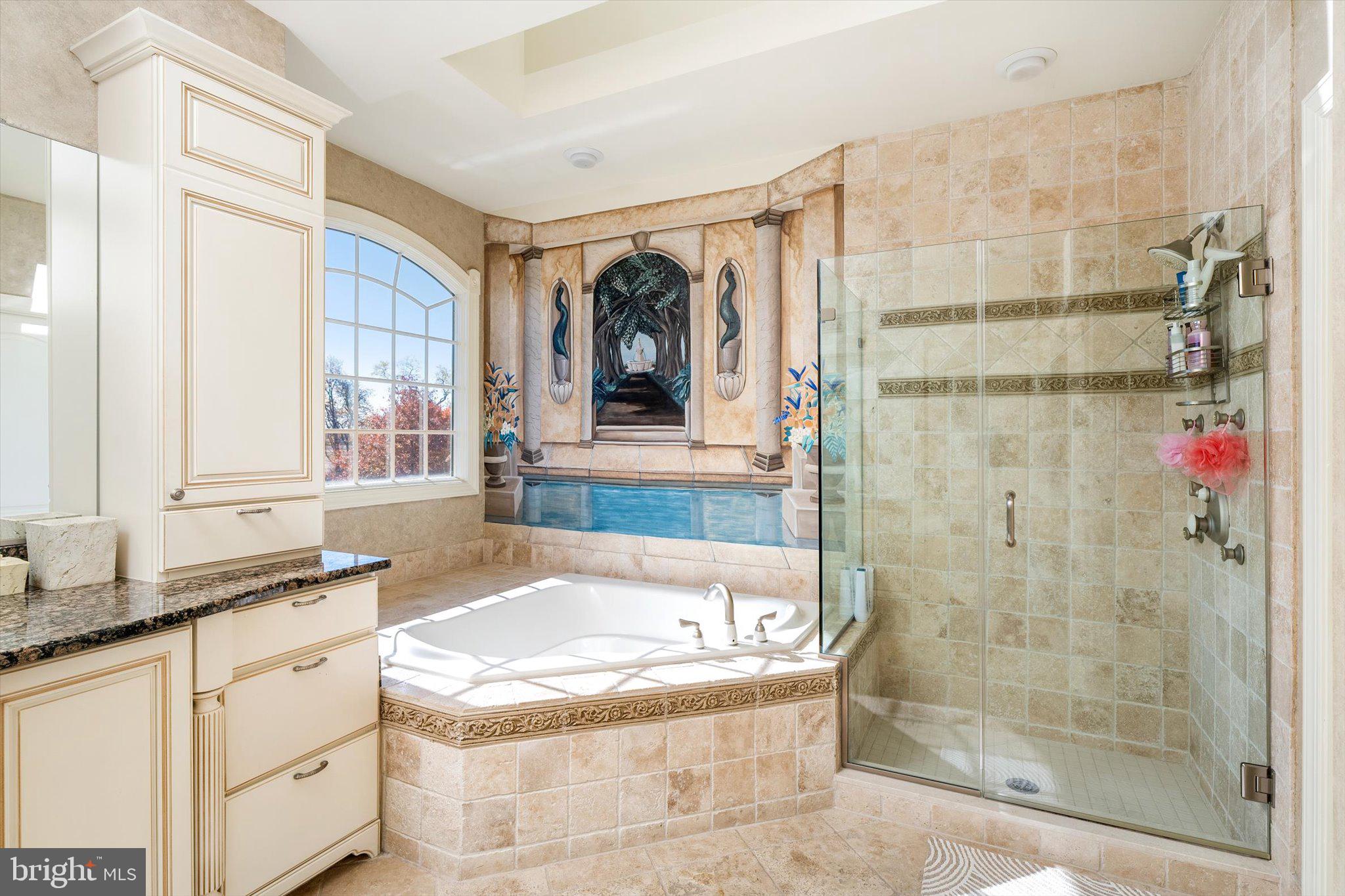 30 Ridgeview Way Allentown, NJ 08501 - Photo 44 of 57 a bathroom with a granite countertop tub a sink and a shower
