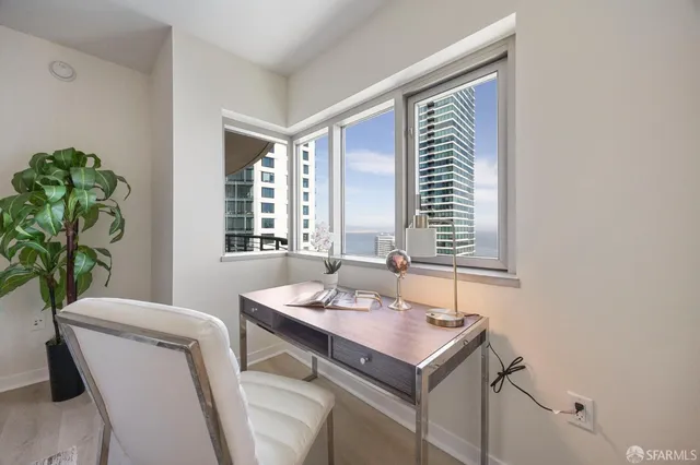 a city view with tall buildings