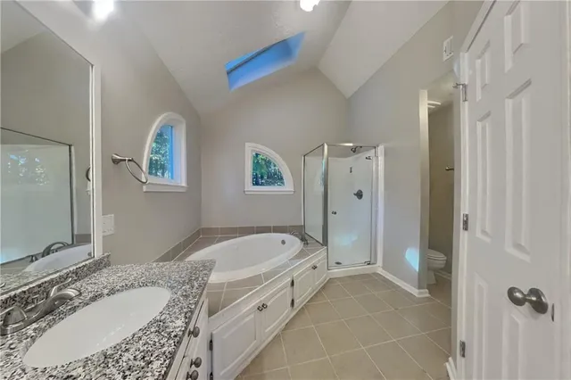 a bathroom with a granite countertop tub sink and mirror