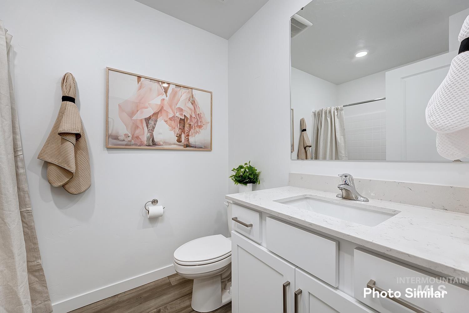 3045 North Kankakee Way Kuna, ID 83634 - Photo 10 of 19 Bathroom with curtained shower, vanity, dark wood-style floors, and recessed lighting