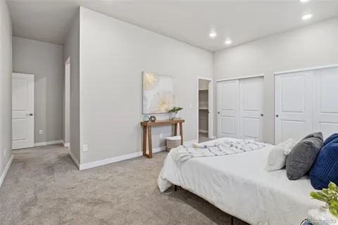 a bedroom with a bed and a closet