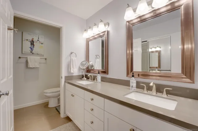 a bathroom with a double vanity sink toilet and a mirror