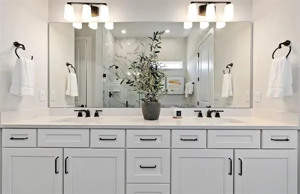 a bathroom with a double vanity sink a toilet a mirror and shower